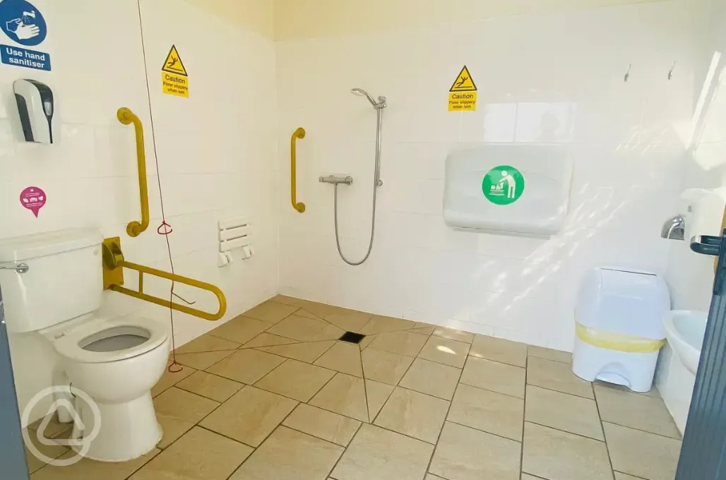 Accessible toilet with grab rails, shower, and baby changing
