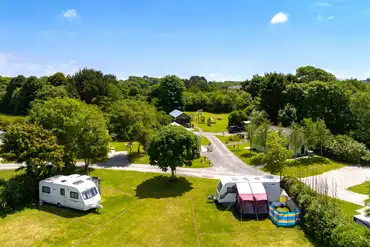 Aerial of the grass pitches at Polladras Holiday Park