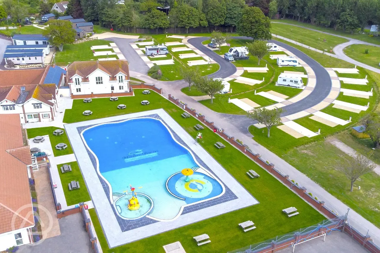 Aerial of the campsite and outdoor swimming pool