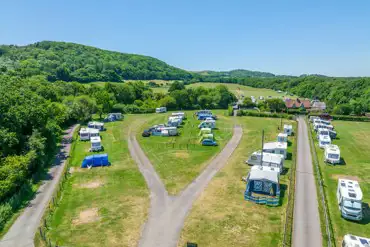 Aerial of the grass pitches at Norden Farm Campsite