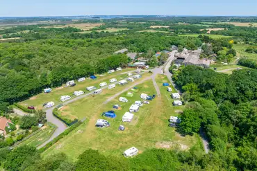 Aerial of the grass pitches at Norden Farm Campsite