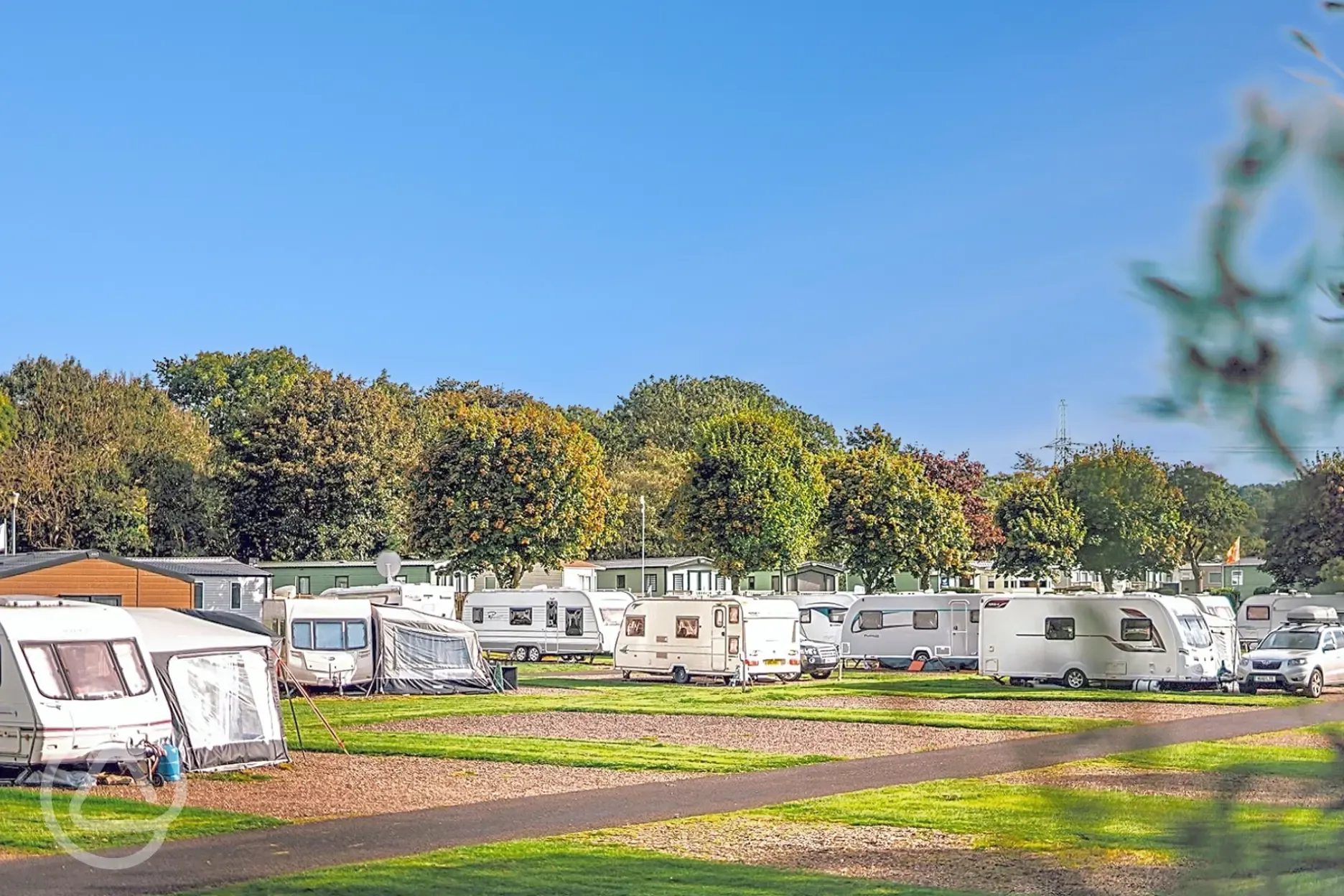 Electric hardstanding touring pitches with grass areas to divide pitches