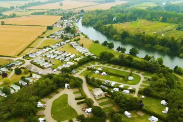 Aerial view of Hurley Riverside Park by the River Thames