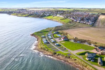 Aerial of Sauchope Links Park on the Fife Coast with views to Crail
