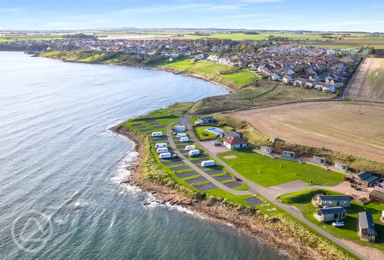 Aerial of Sauchope Links Park on the Fife Coast with views to Crail