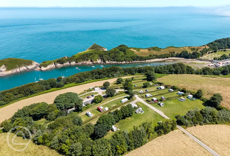 Aerial of Little Meadow Campsite with views to Watermouth Harbour