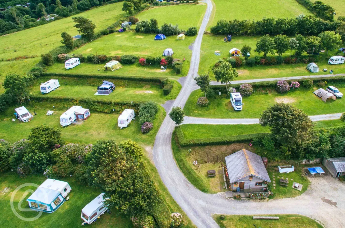 Aerial of grass pitches at Little Meadow campsite
