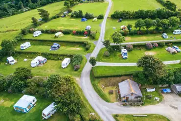 Aerial of grass pitches at Little Meadow campsite
