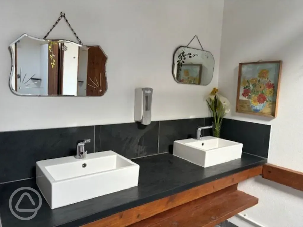 Washrooms with handwashing sinks and mirrors