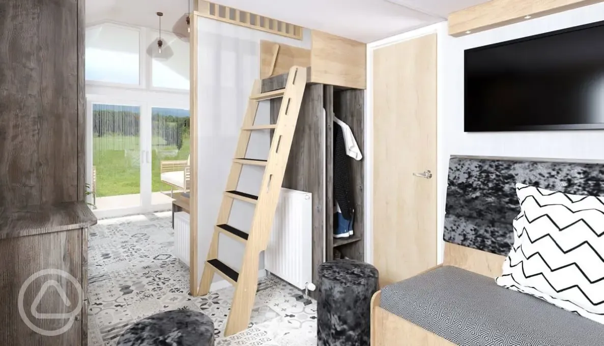 Ensuite glamping S-Pod - bed and living area