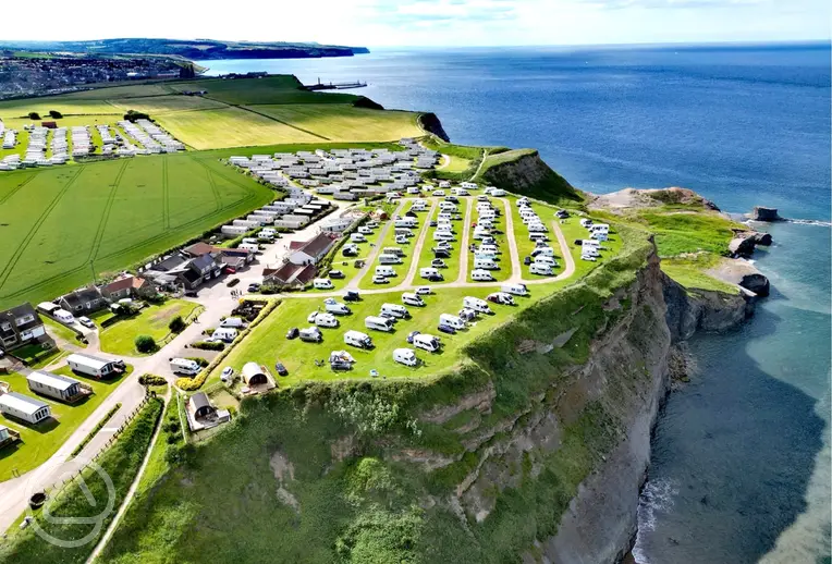 Aerial of Whitby Holiday Park overlooking Saltwick Bay