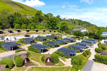 Aerial of the glamping units at The Quiet Site in the Lake District