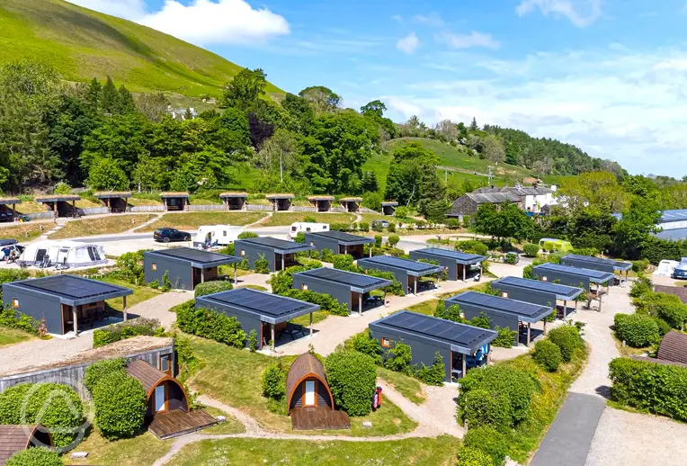 Aerial of the glamping units at The Quiet Site in the Lake District