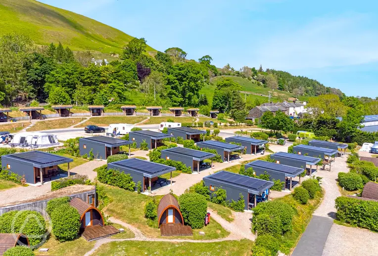 Aerial of the glamping units at The Quiet Site in the Lake District