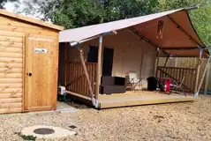 Outback safari tent and facilities, including a shower and toilet