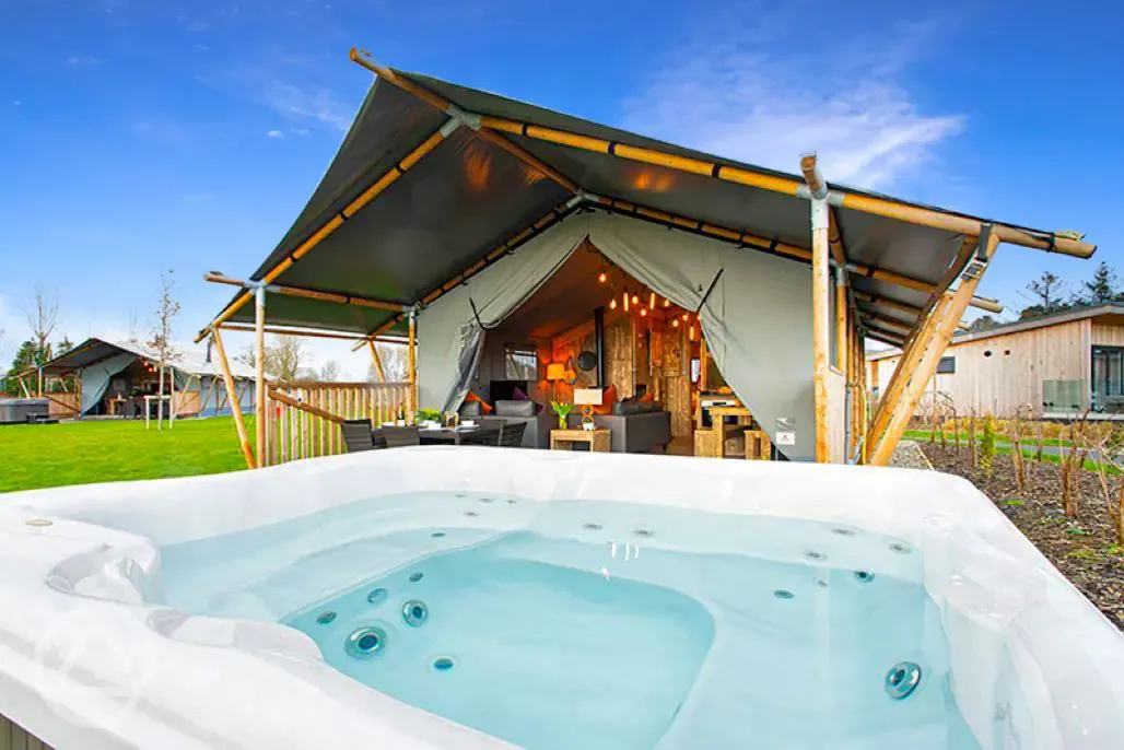 Safari tent with hot tub