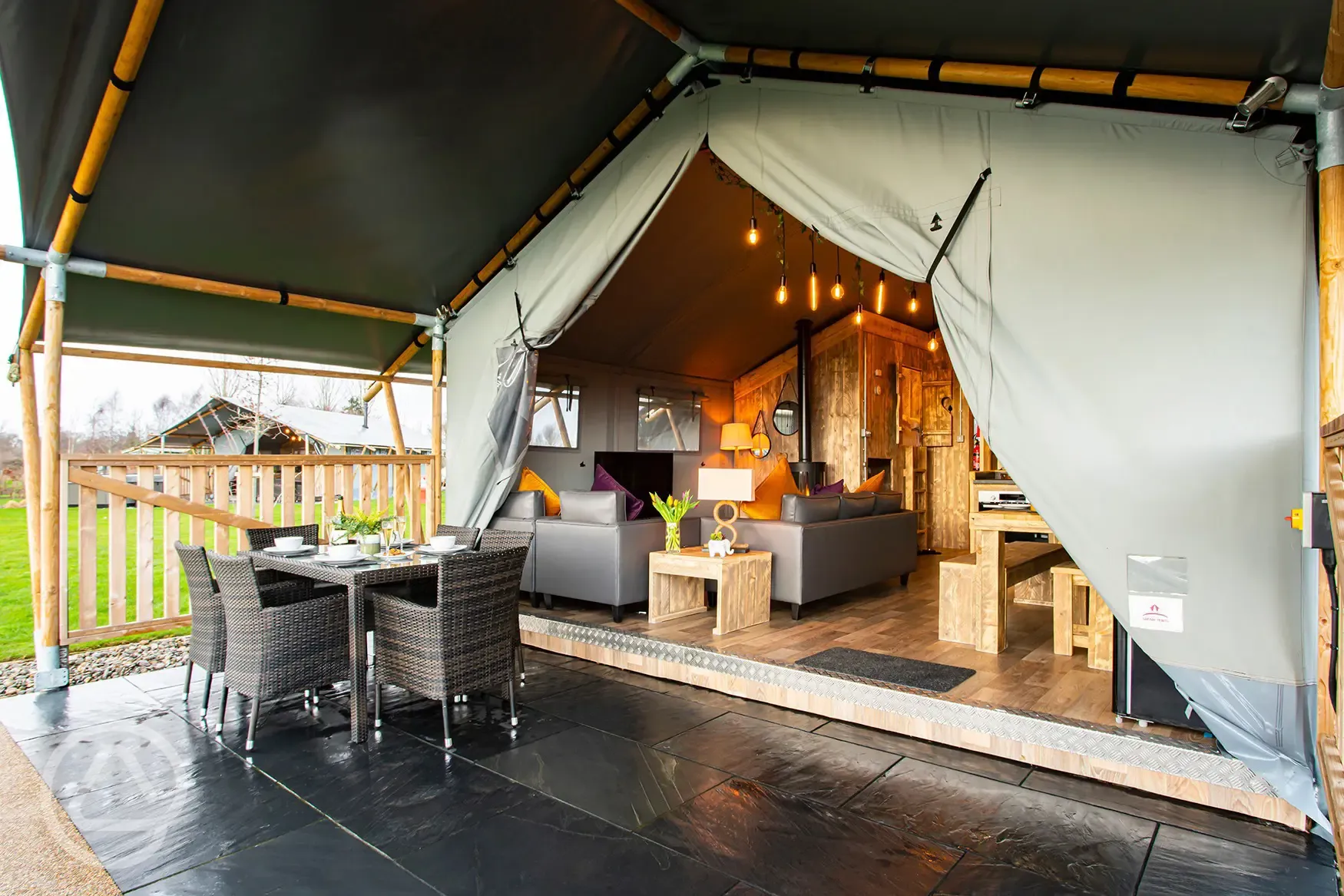 Safari Tent Plus decking with outdoor seating and interior Safari Tent Plus decking with outdoor seating and interior