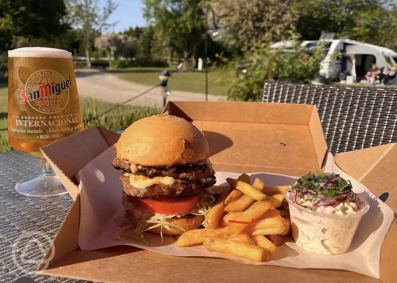 Burger and a pint available onsite at Barney's Bar and Take Away