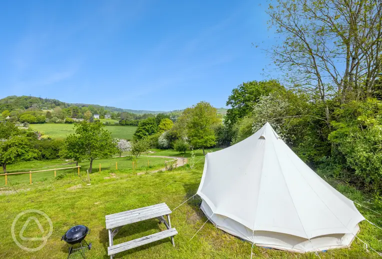 Bell tent at the top of the cider apple orchard with valley views