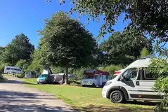 Semi hardstanding/grass motorhome pitches with mature trees for shade