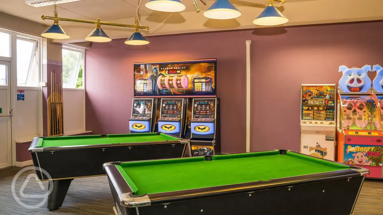 Games room with arcade games and two snooker tables