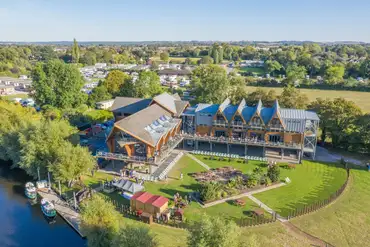 Aerial of the Riverside Venue with a bar, restaurant and outdoor area