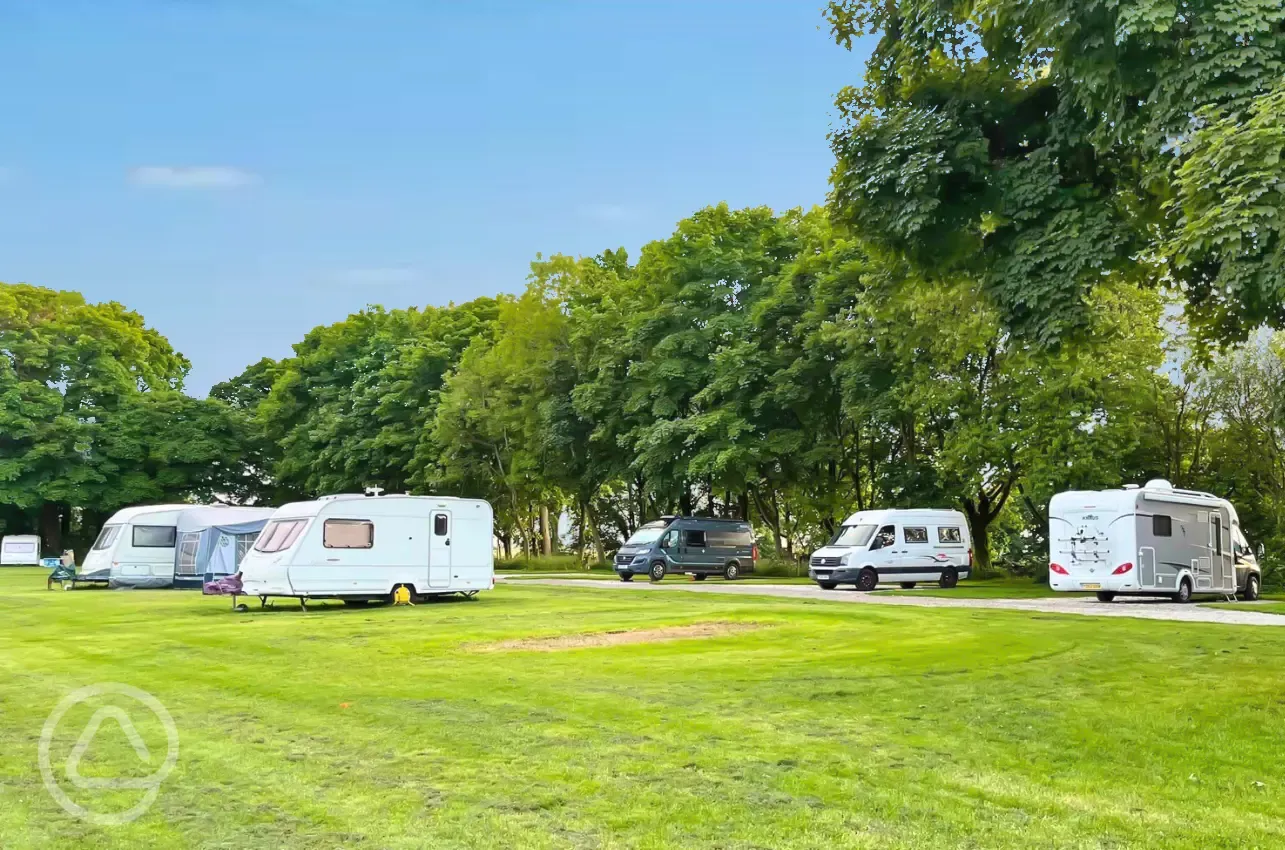 Hardstanding touring pitches with grass surroundings