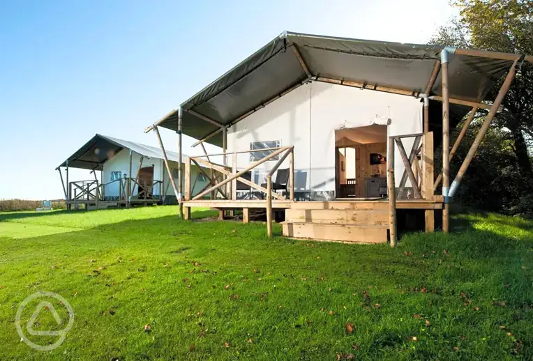 Safari tent exterior with outdoor decking area