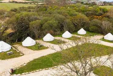 Aerial of Herston Yards Farm bell tents