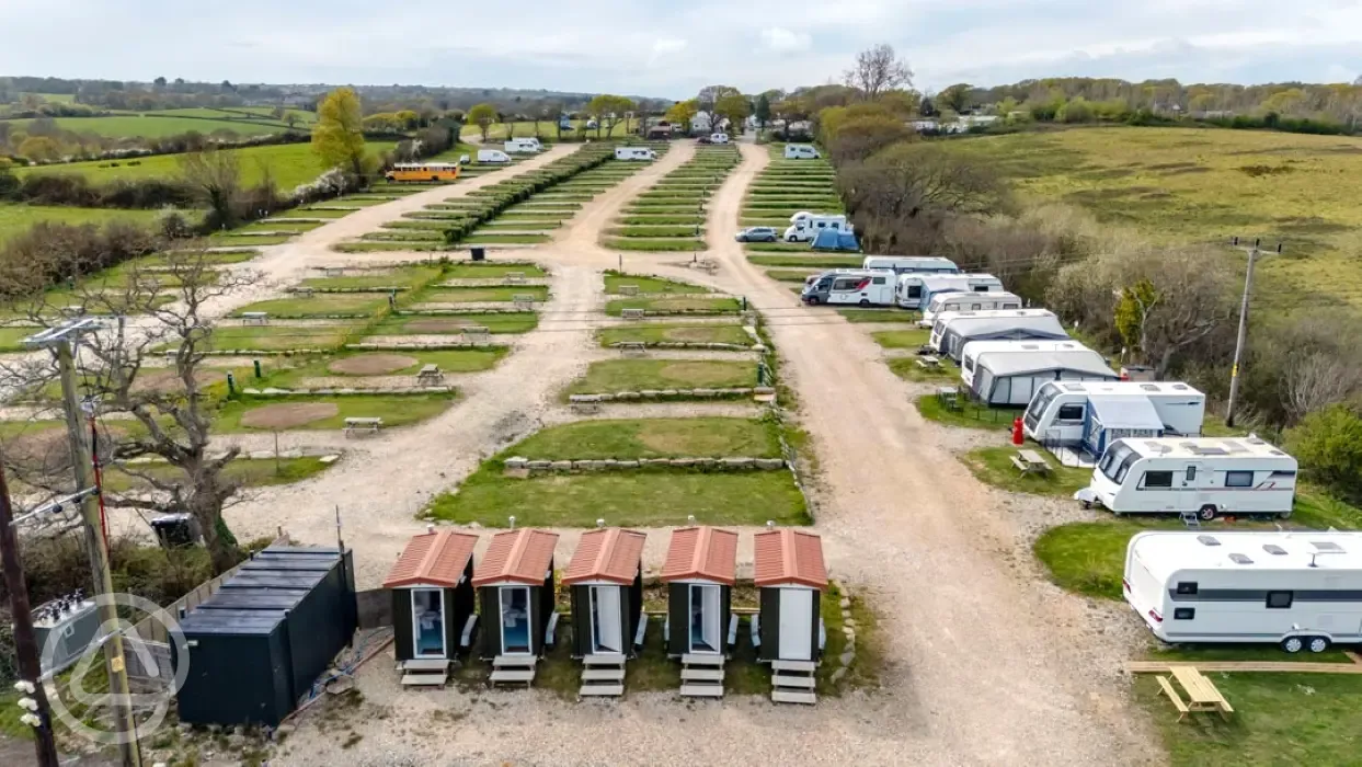 Aerial of Herston Yards Farm fully serviced pitches for all touring units