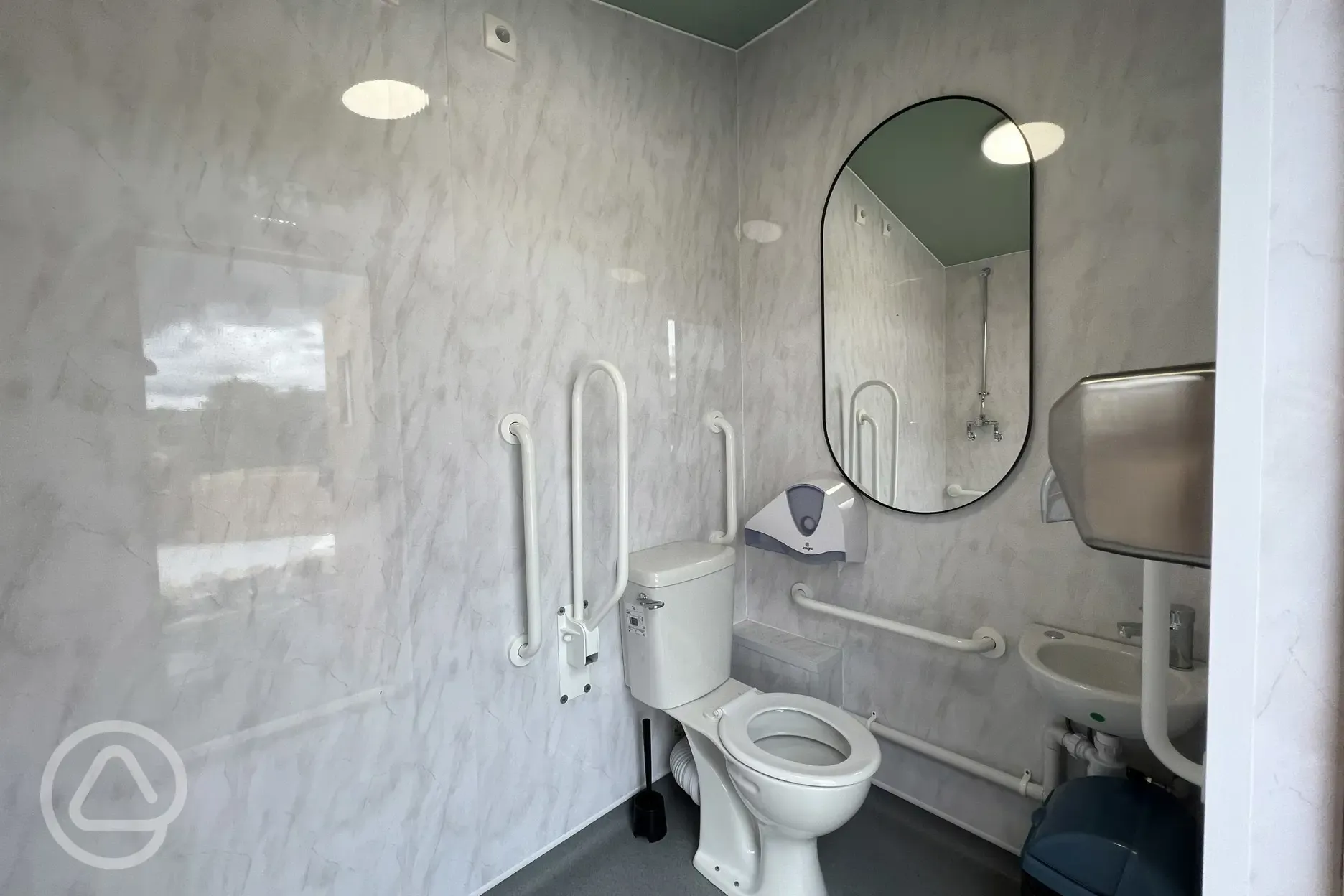 Disabled toilet with handrail and mirror