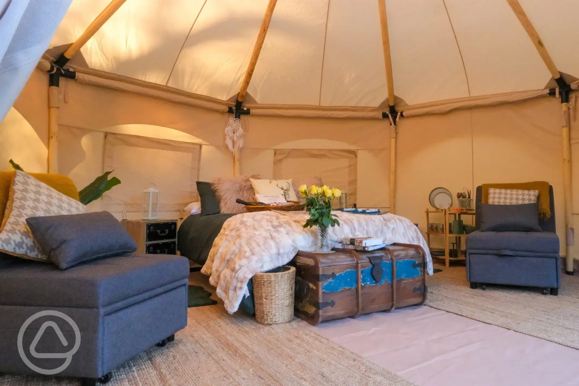 Furnished glamping bell tent with double bed (please bring bedding)