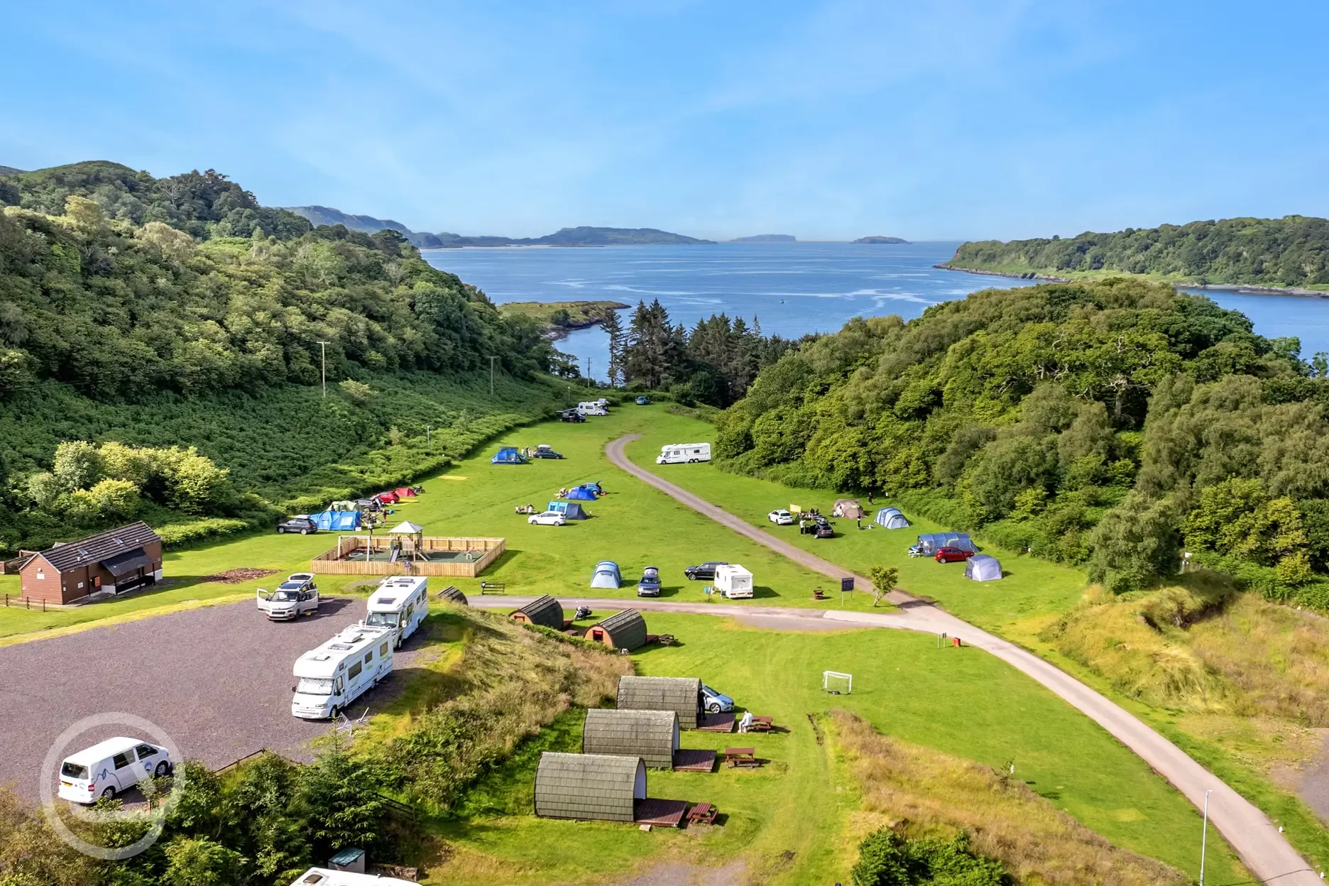 Aerial of Oban Holiday Park and coast with views towards the Isle of Kerrera