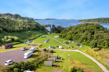 Aerial of Oban Holiday Park and coast with views towards the Isle of Kerrera