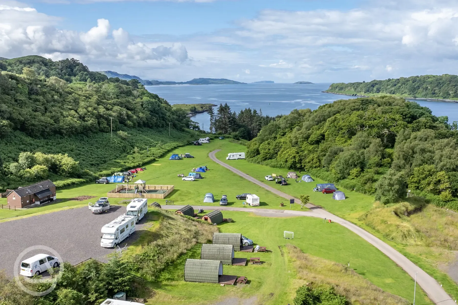 Aerial of Oban Holiday Park and coast with views towards the Isle of Kerrera