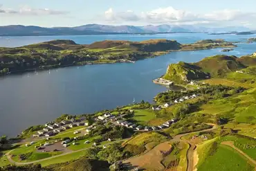 Aerial of the campsite with views across to the Isle of Kerrera