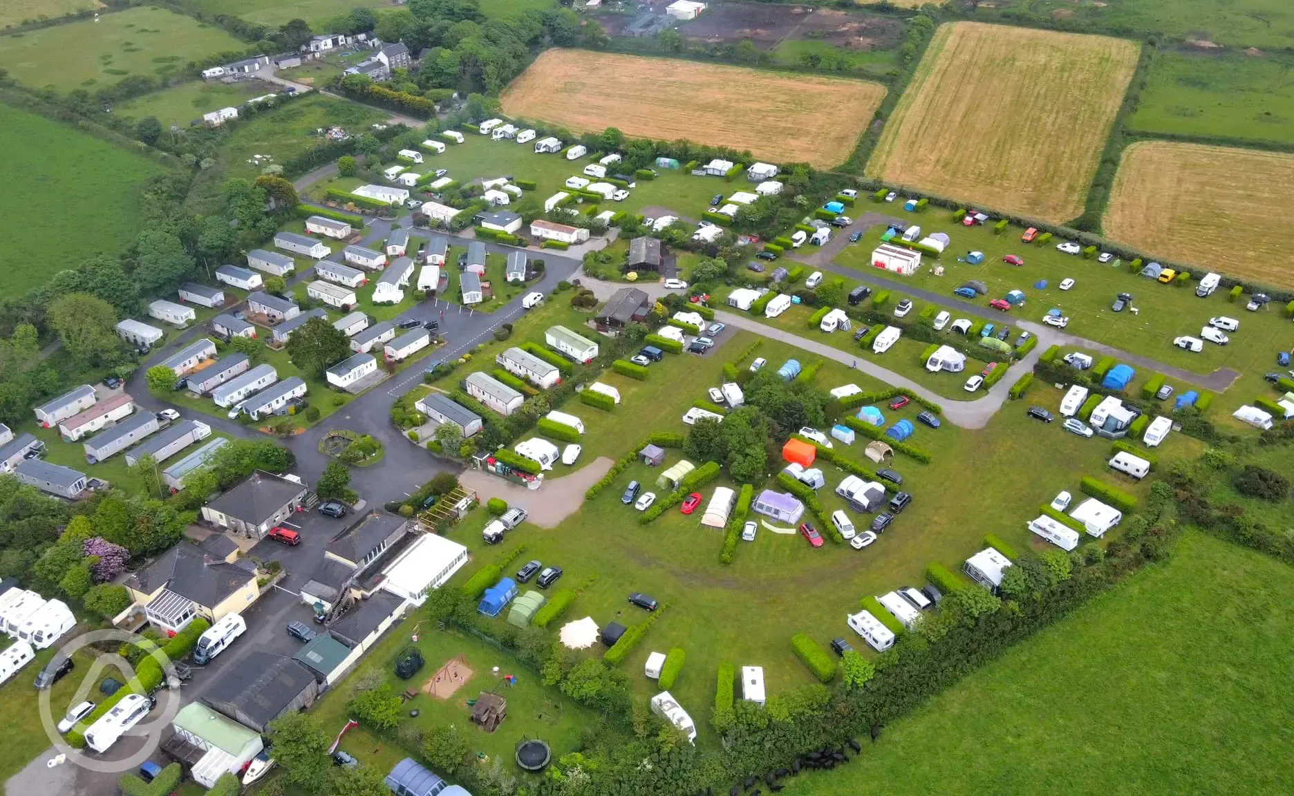 Aerial of Lanyon Holiday Park, showing the facility blocks and camping fields
