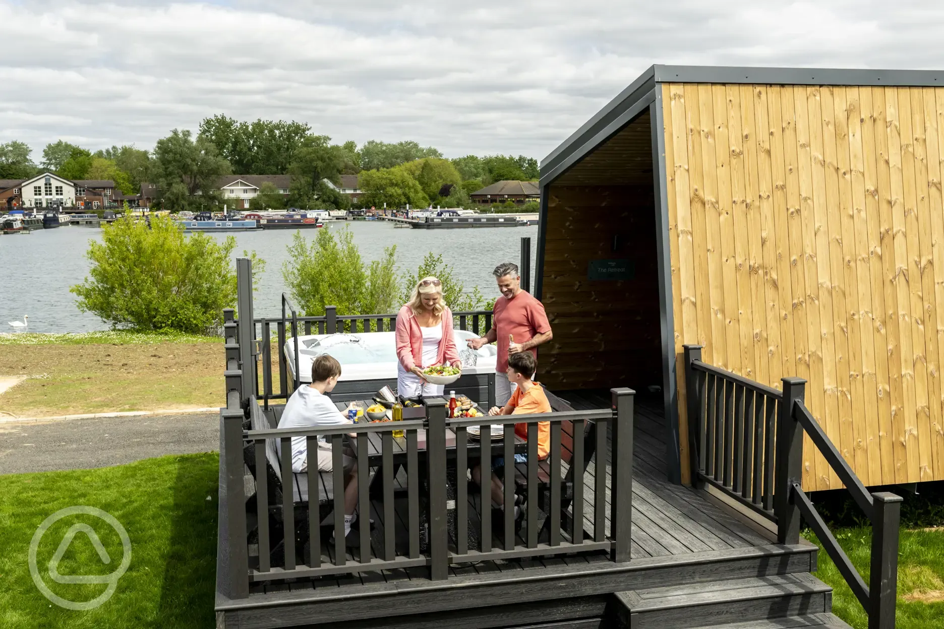 Exterior of glamping pods with hot tub