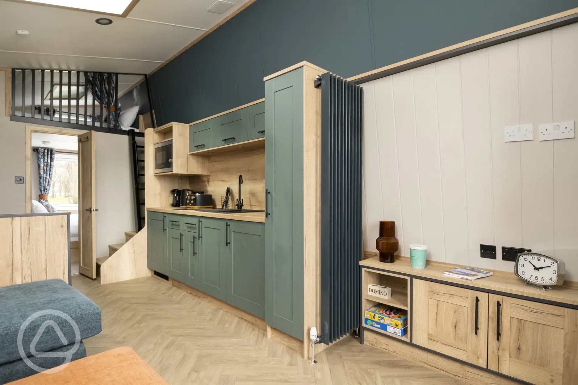 Glamping pod kitchenette and entertainment area 
