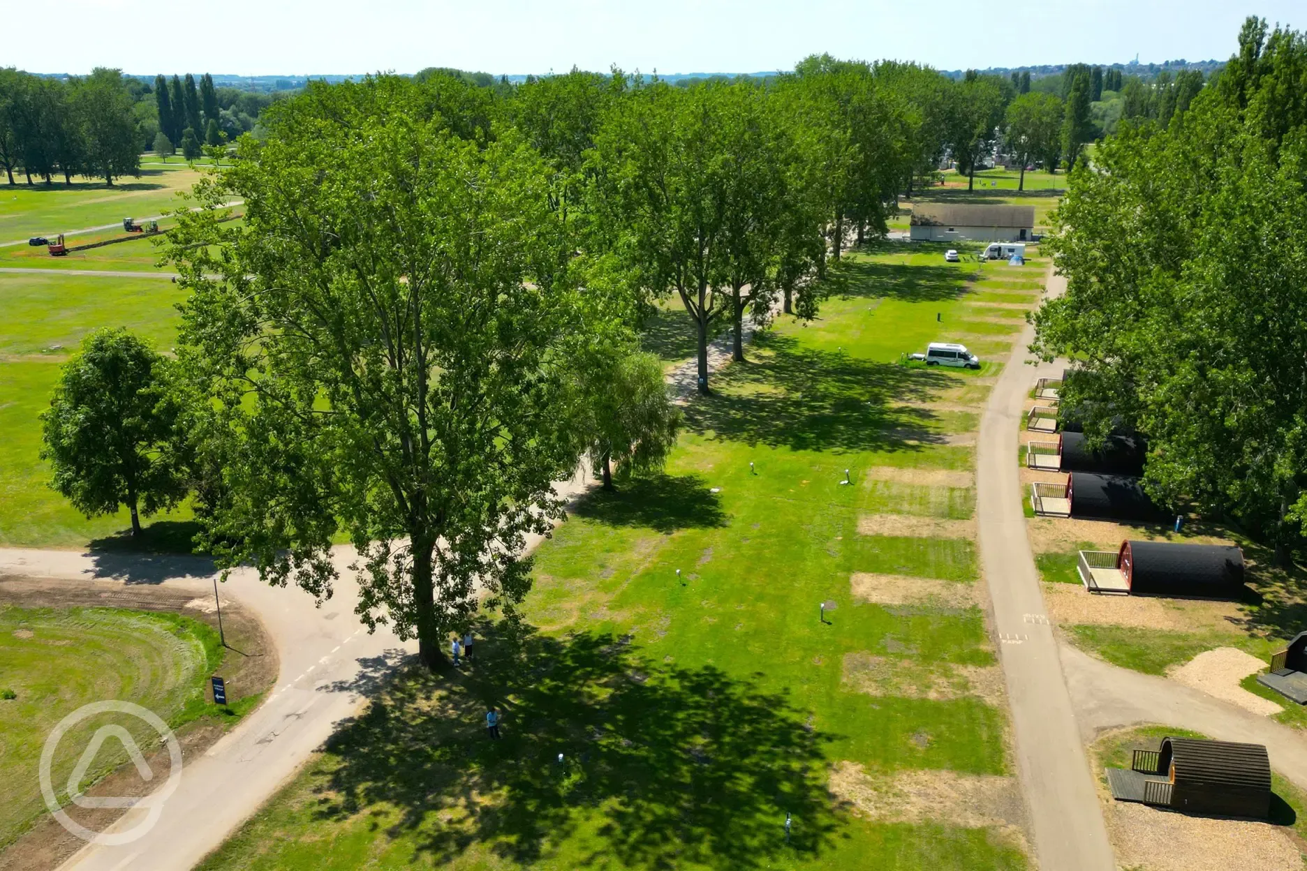 Aerial of the grass pitches and pods