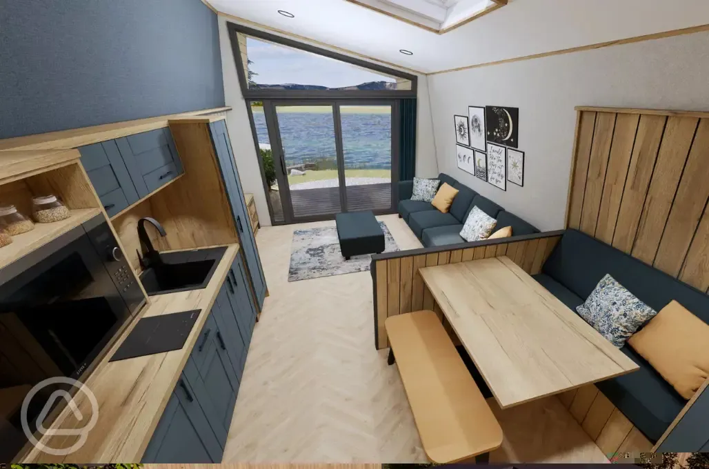 Glamping pod living area and kitchen