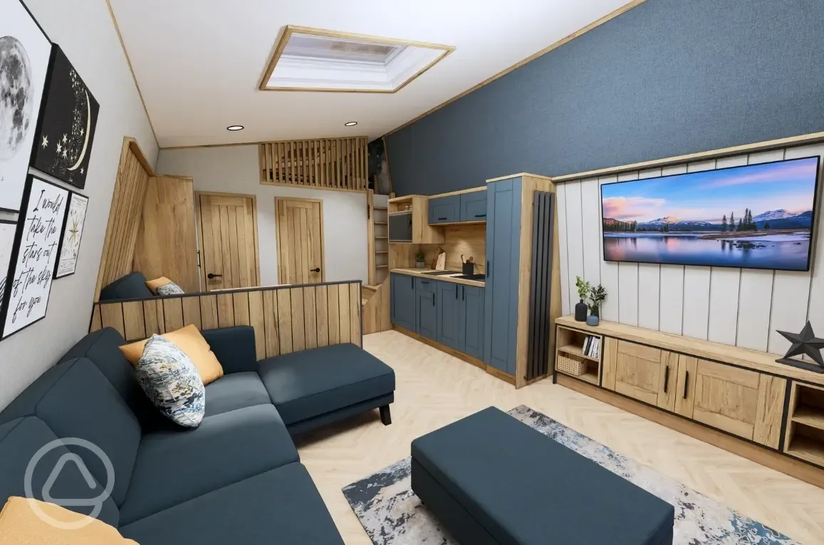 Glamping pod living area and kitchen