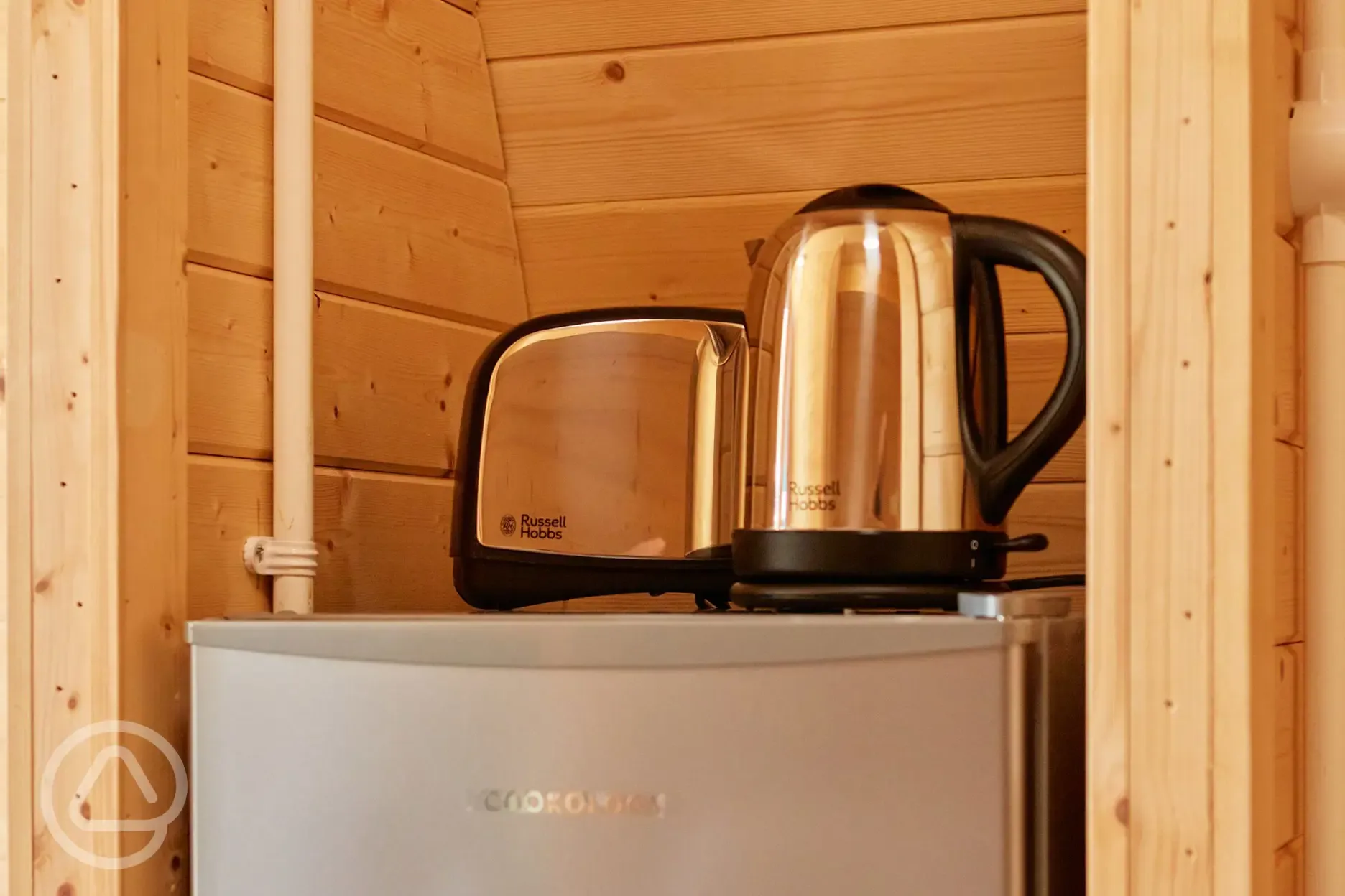 Superior camping pod kettle, toaster and fridge