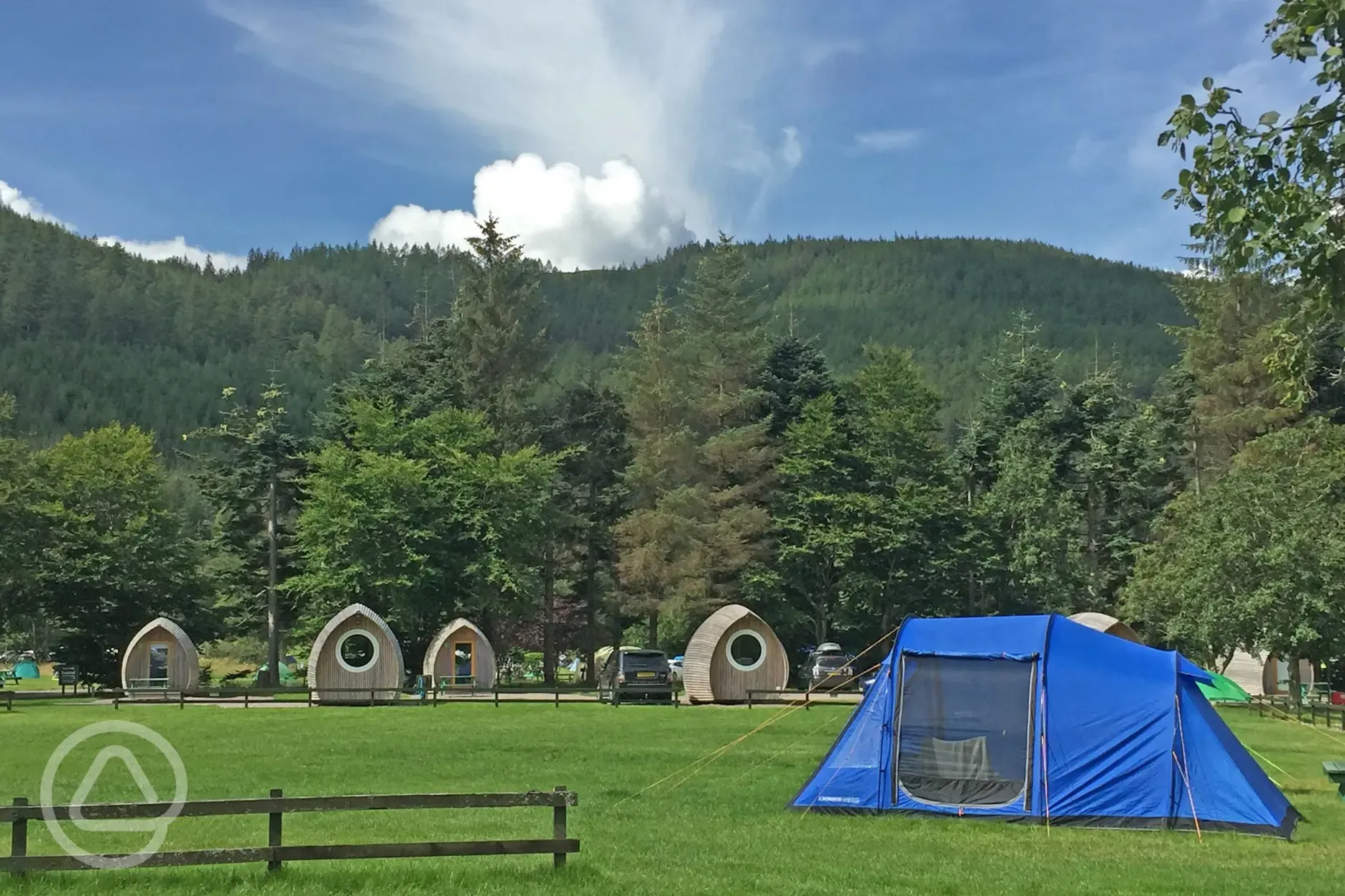 Grass pitches and camping pods
