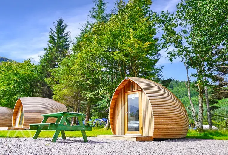 Camping pods with outdoor seating and sleeping two or three people
