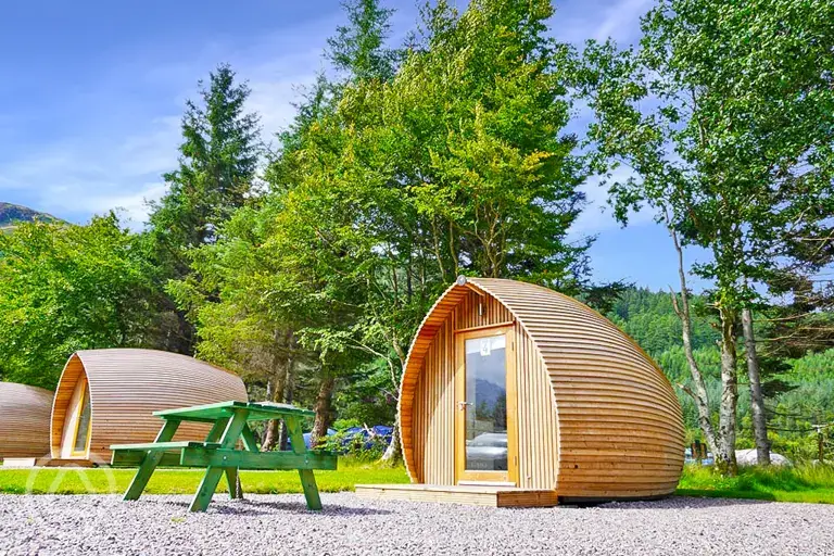 Camping pods with outdoor seating and sleeping two or three people