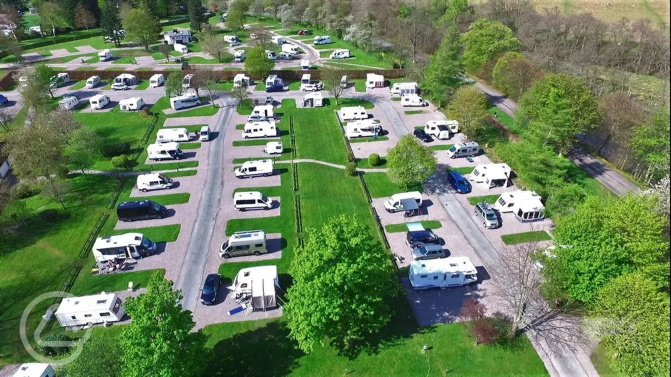 Aerial of the hardstanding pitches at Glen Nevis Caravan and Camping Park
