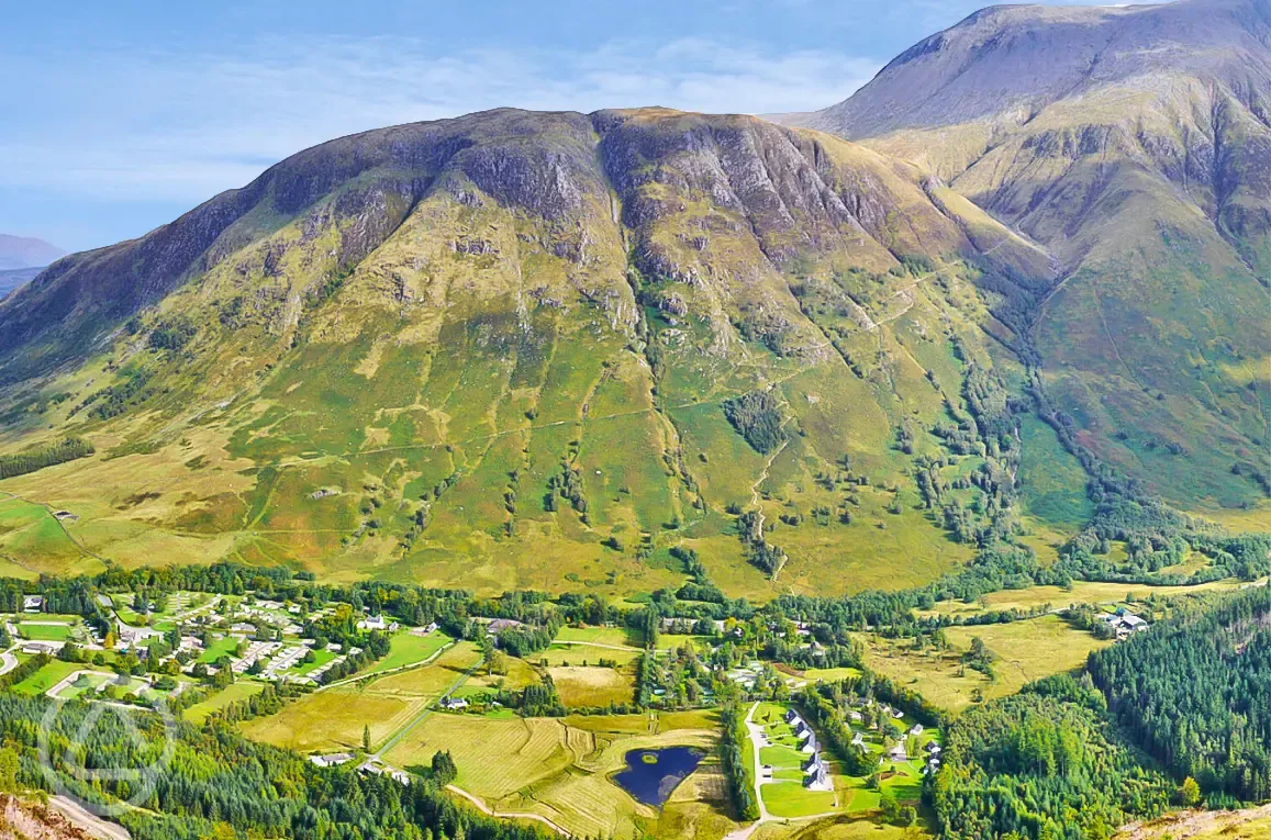 Aerial of Glen Nevis Caravan and Camping Park at the foot of Ben Nevis