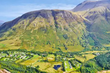 Aerial of Glen Nevis Caravan and Camping Park at the foot of Ben Nevis