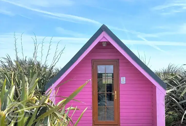 Camping pod exterior with decking